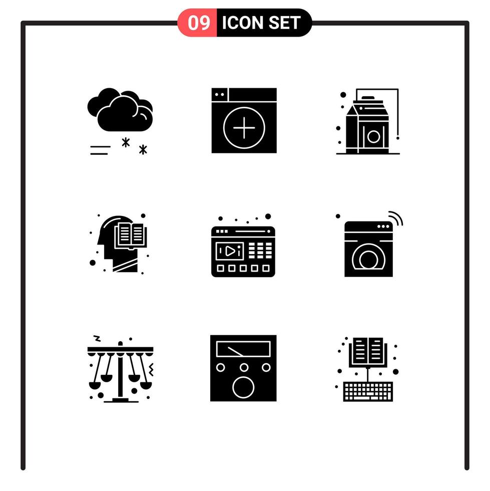 Mobile Interface Solid Glyph Set of 9 Pictograms of mind head app education food Editable Vector Design Elements