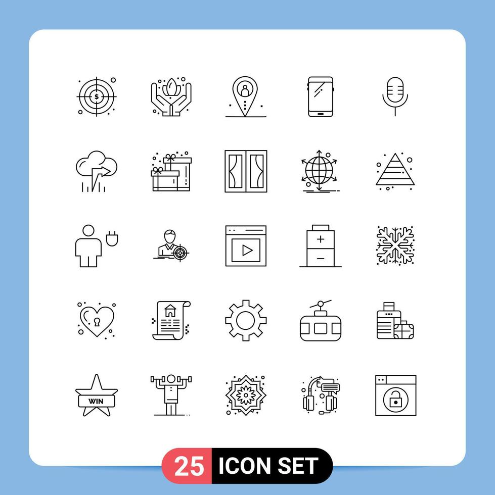 25 Universal Line Signs Symbols of microphone samsung location huawei smart phone Editable Vector Design Elements
