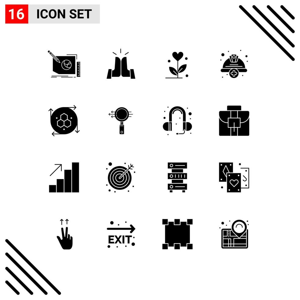 Group of 16 Solid Glyphs Signs and Symbols for labour hard high cap heart Editable Vector Design Elements