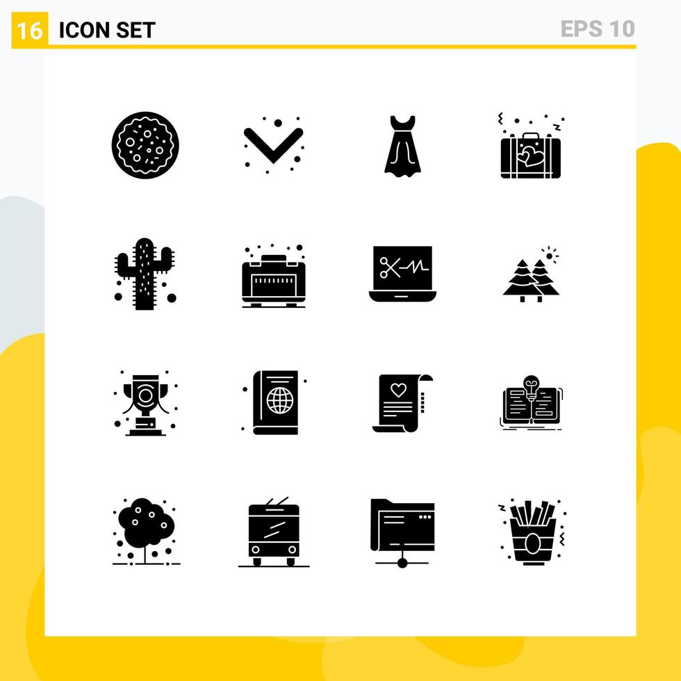 Modern Set of 16 Solid Glyphs Pictograph of farming cactus girl suitcase love Editable Vector Design Elements