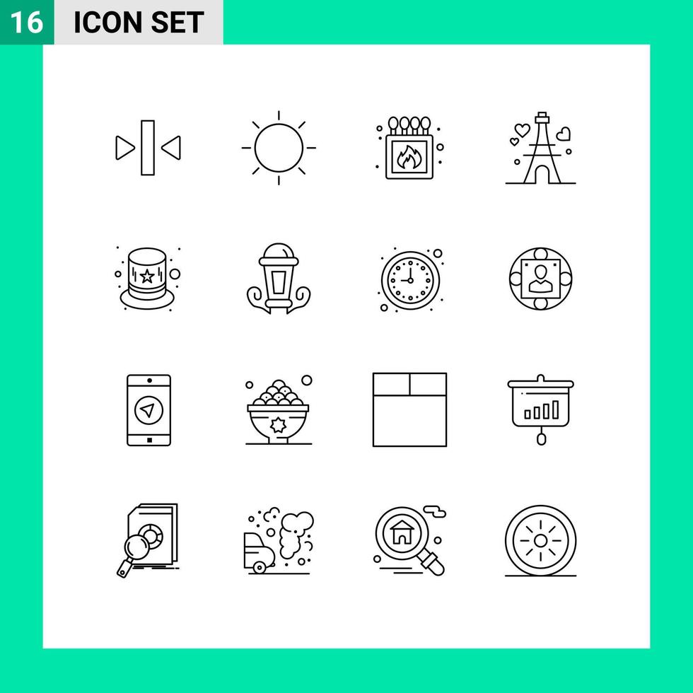 Group of 16 Modern Outlines Set for carnival heart tool love box Editable Vector Design Elements