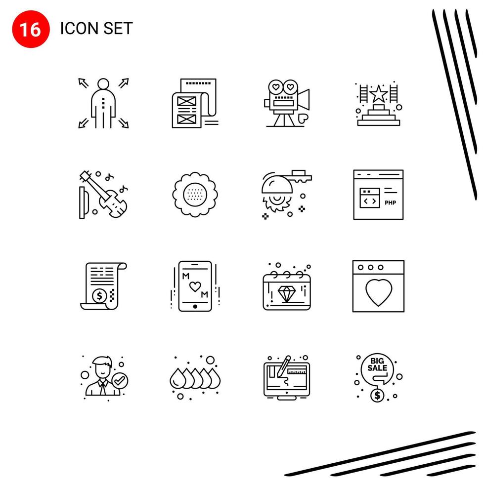 16 User Interface Outline Pack of modern Signs and Symbols of equipment award camera success valentine Editable Vector Design Elements