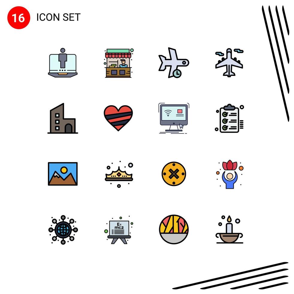 Modern Set of 16 Flat Color Filled Lines Pictograph of apartment transport delay plane transportation Editable Creative Vector Design Elements