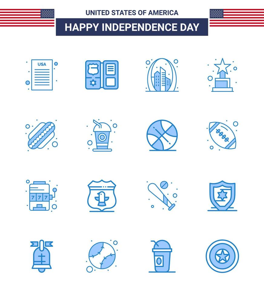 Set of 16 Vector Blues on 4th July USA Independence Day such as states american building trophy achievement Editable USA Day Vector Design Elements