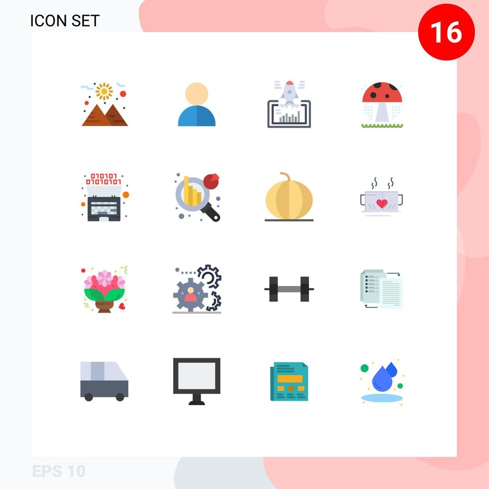 16 iconos creativos, signos y símbolos modernos del parque de lanzamiento de hongos binarios, paquete editable web de elementos de diseño de vectores creativos