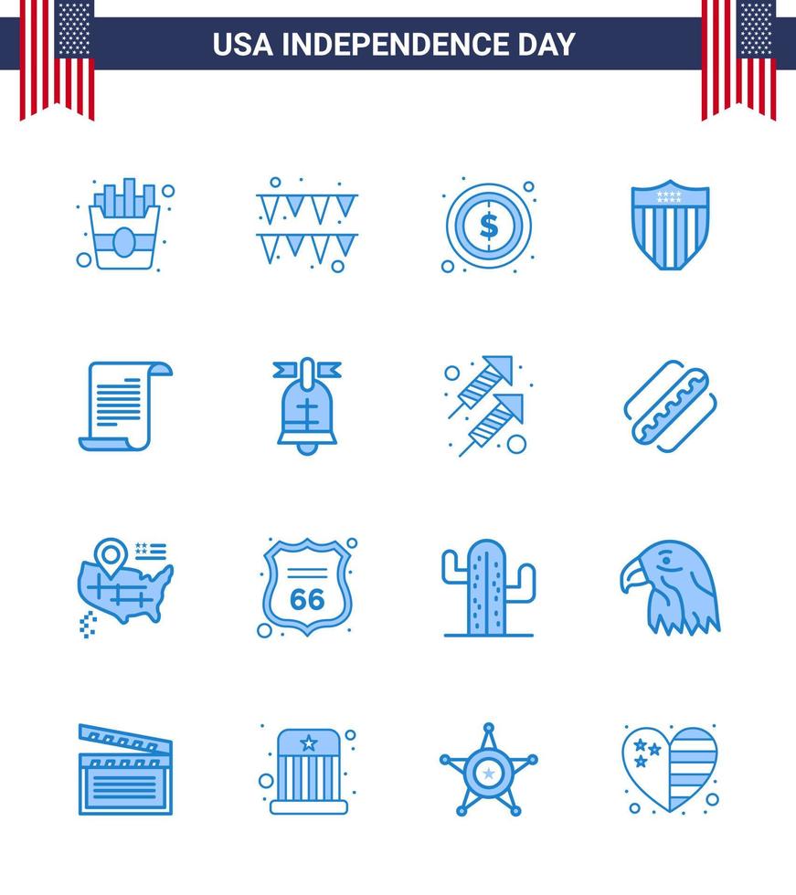 conjunto de 16 iconos del día de los ee.uu. símbolos americanos signos del día de la independencia para la seguridad del archivo del dólar de texto de los ee.uu. elementos de diseño vectorial del día de los ee.uu. vector