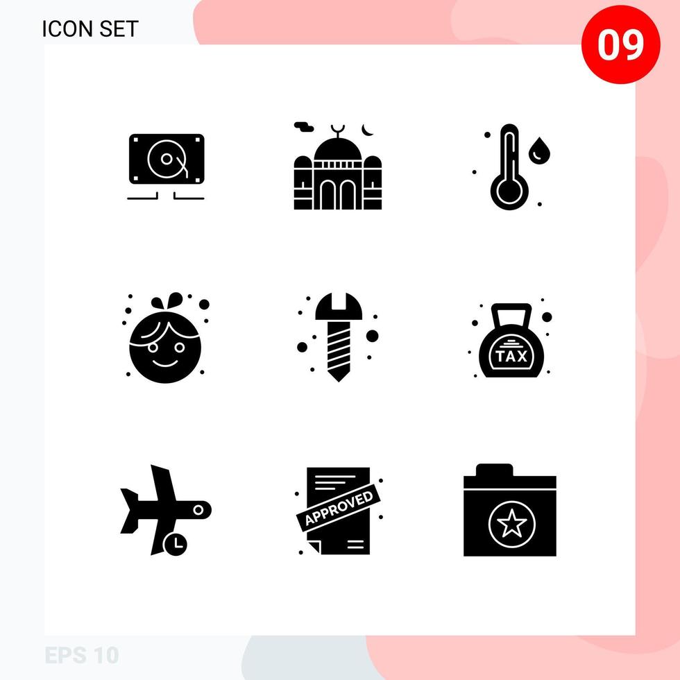 Modern Set of 9 Solid Glyphs and symbols such as hardware new pray girl baby Editable Vector Design Elements