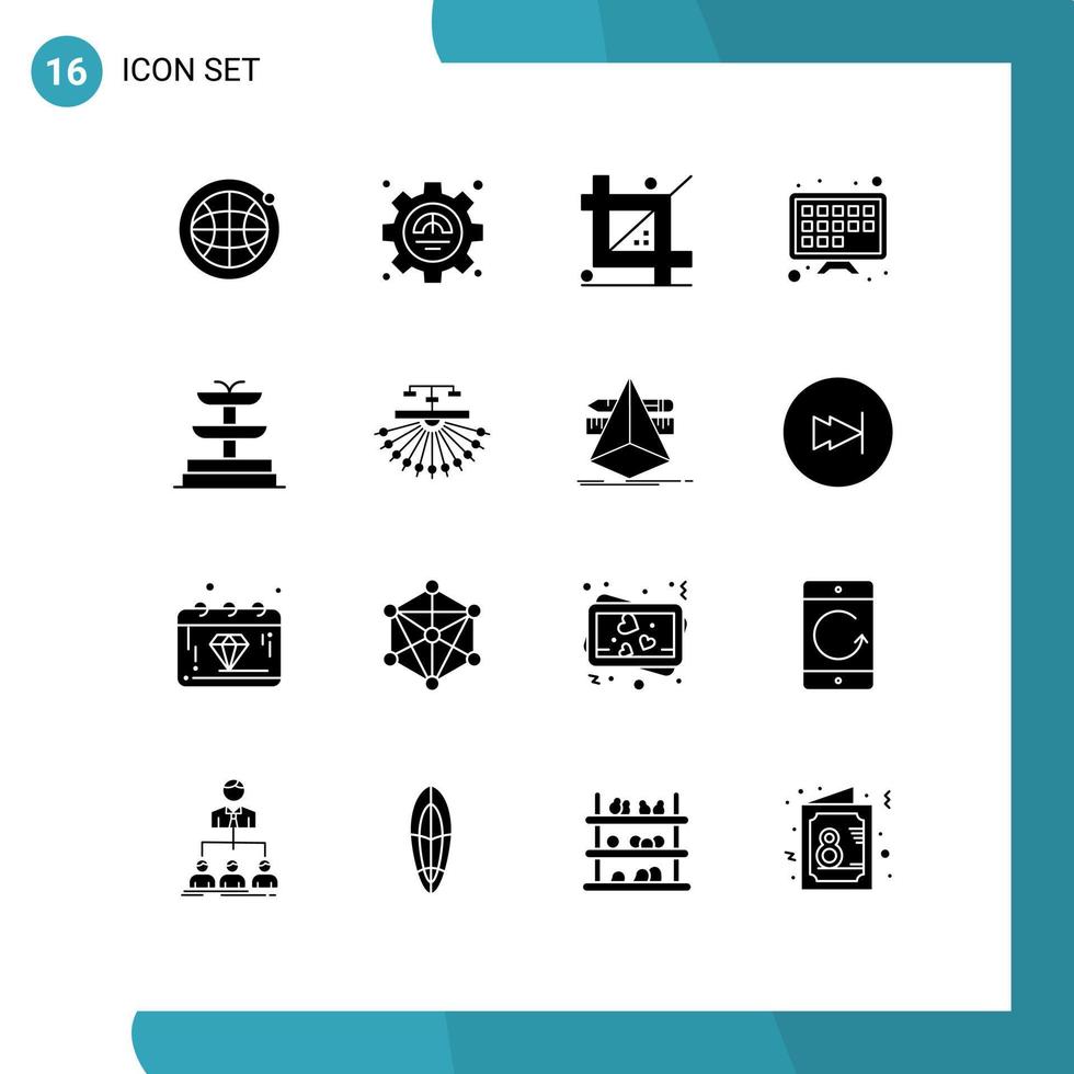 Set of 16 Vector Solid Glyphs on Grid for optimization fountain crop tv screen internet Editable Vector Design Elements