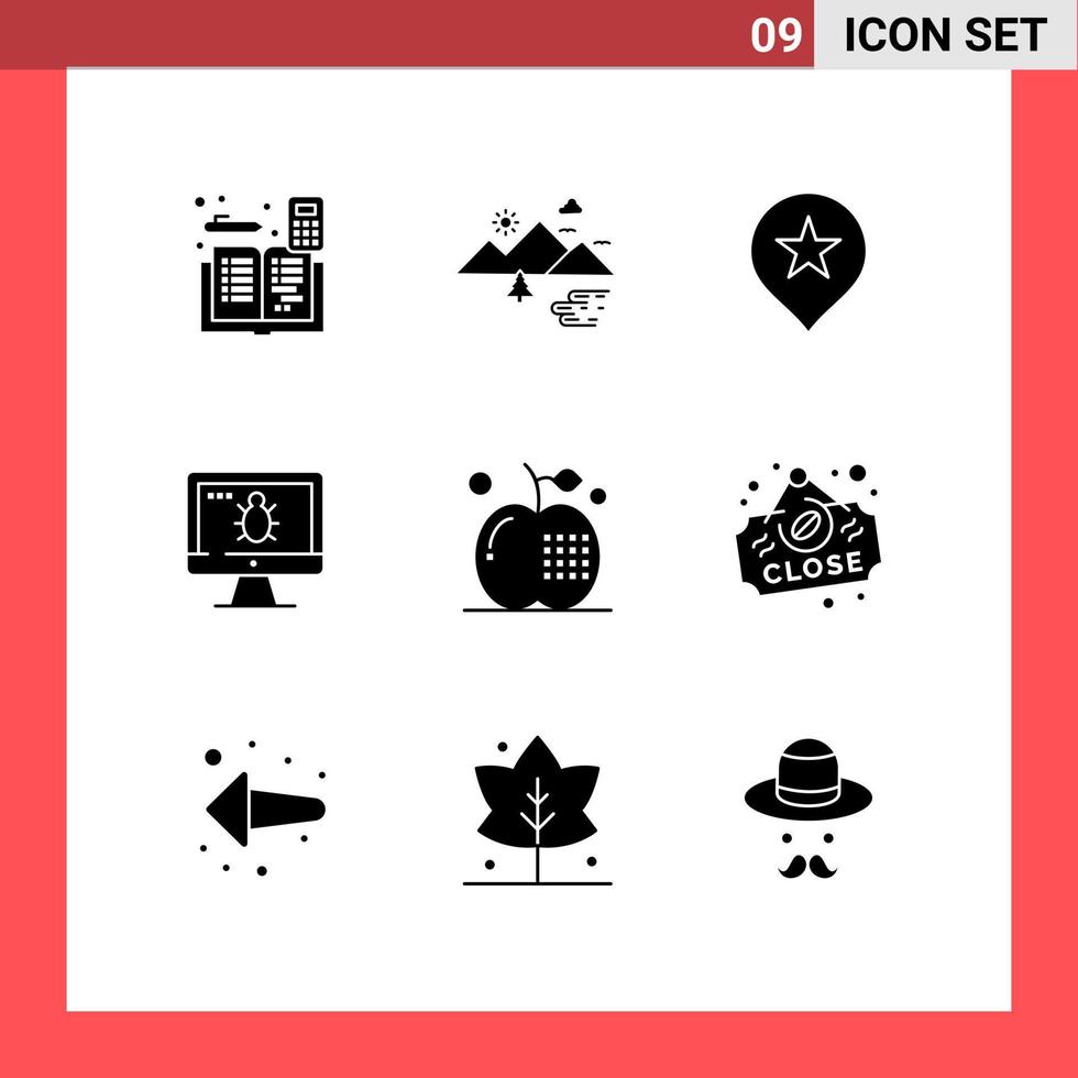 Pack of 9 Modern Solid Glyphs Signs and Symbols for Web Print Media such as apple screen clouds bug navigation Editable Vector Design Elements