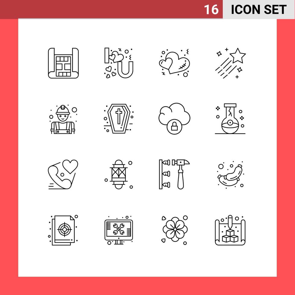 Mobile Interface Outline Set of 16 Pictograms of worker builder hearts star comet Editable Vector Design Elements