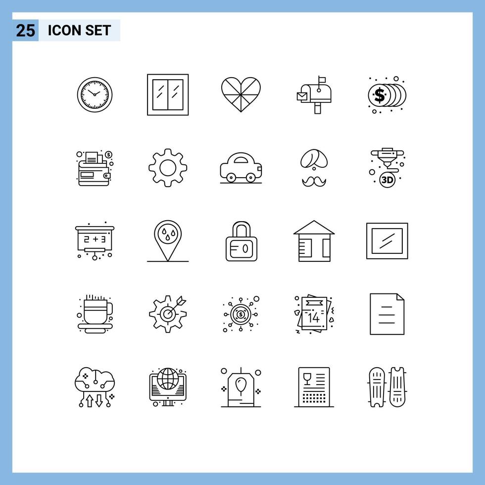 25 Universal Lines Set for Web and Mobile Applications coins mail box heart post gift Editable Vector Design Elements