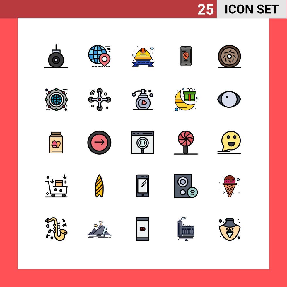 25 Thematic Vector Filled line Flat Colors and Editable Symbols of donut pointer cap location labour badge Editable Vector Design Elements