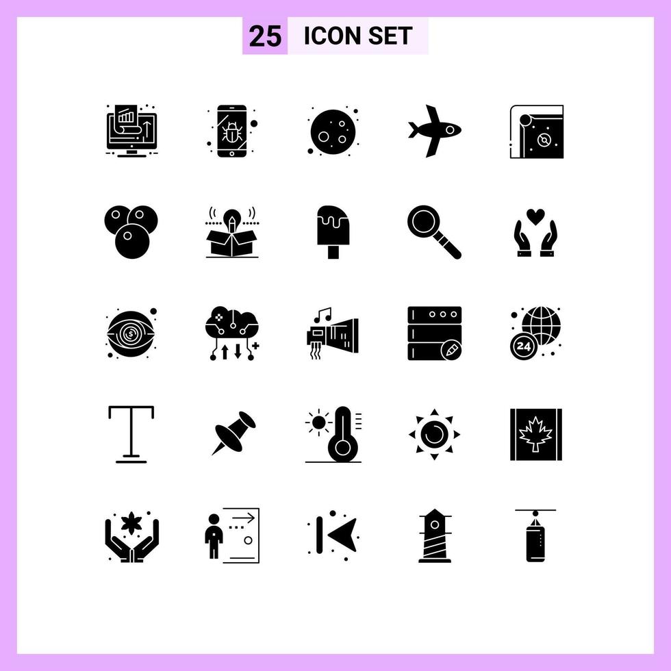 Pack of 25 Modern Solid Glyphs Signs and Symbols for Web Print Media such as play fun spy air hockey flight Editable Vector Design Elements