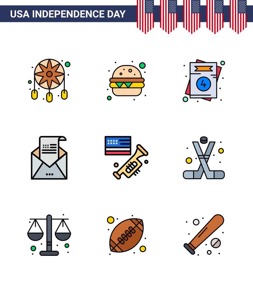 paquete de iconos de vector de stock de día americano 9 signos y símbolos de línea para sobre de invitación de amor de correo de altavoz elementos de diseño de vector de día de EE. UU. editables