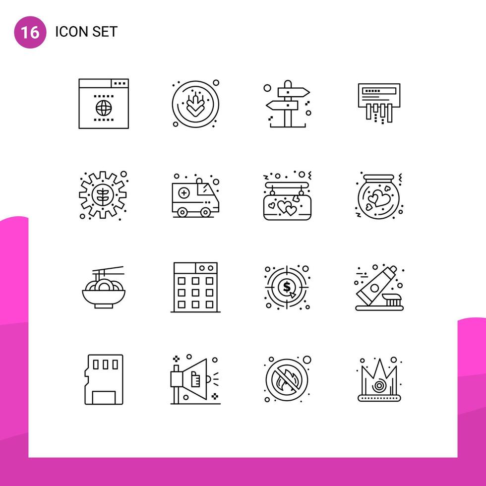 Mobile Interface Outline Set of 16 Pictograms of ambulance plant direction gear radio Editable Vector Design Elements