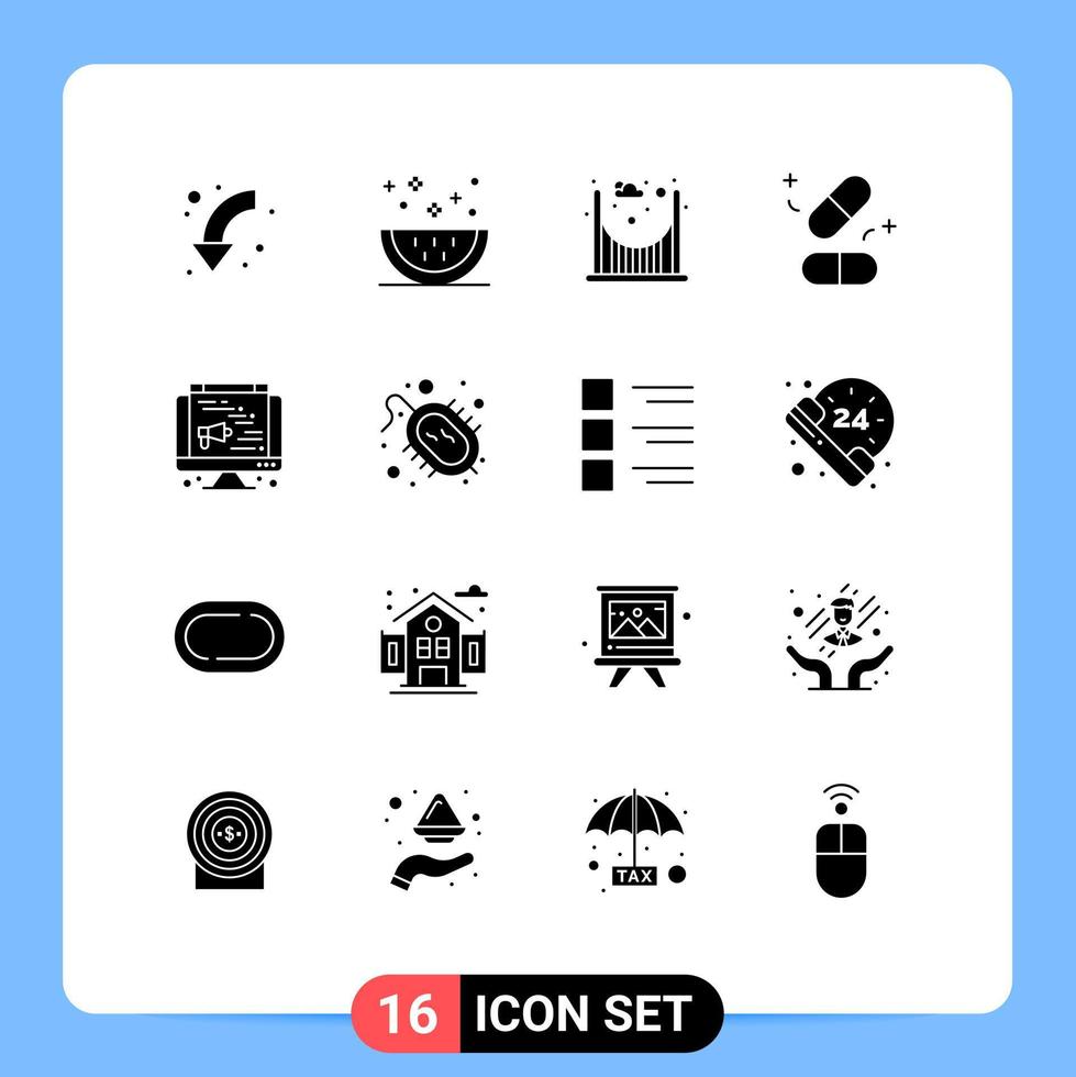 Pack of 16 Modern Solid Glyphs Signs and Symbols for Web Print Media such as computer tablets meal pills passage Editable Vector Design Elements