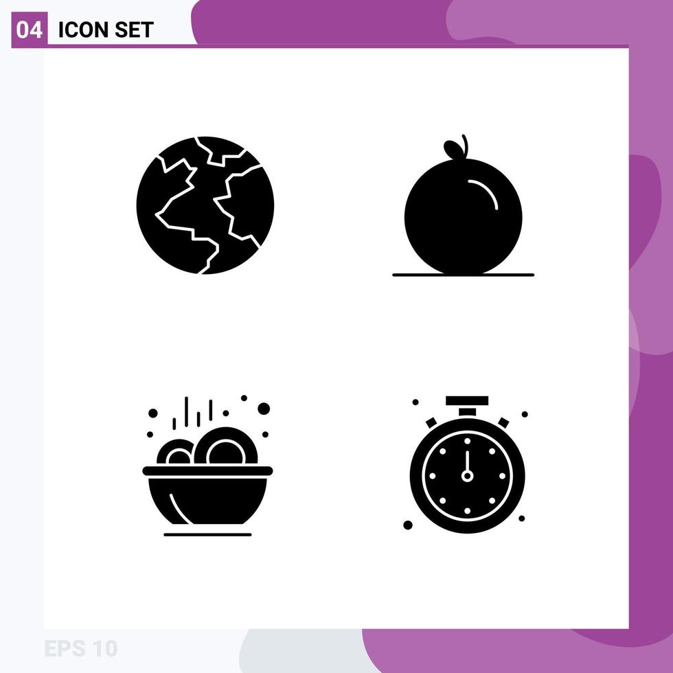 Universal Icon Symbols Group of 4 Modern Solid Glyphs of earth stew fruit bowl alert Editable Vector Design Elements