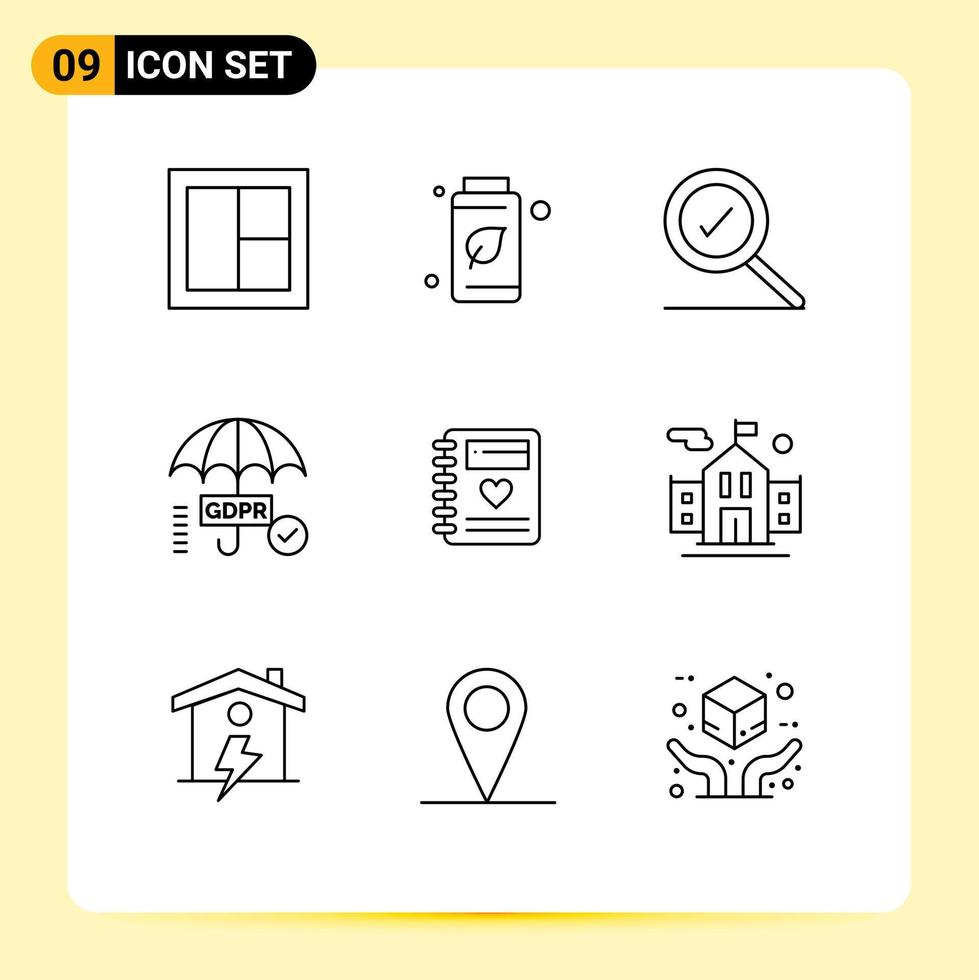 Universal Icon Symbols Group of 9 Modern Outlines of love secure green tick gdpr Editable Vector Design Elements