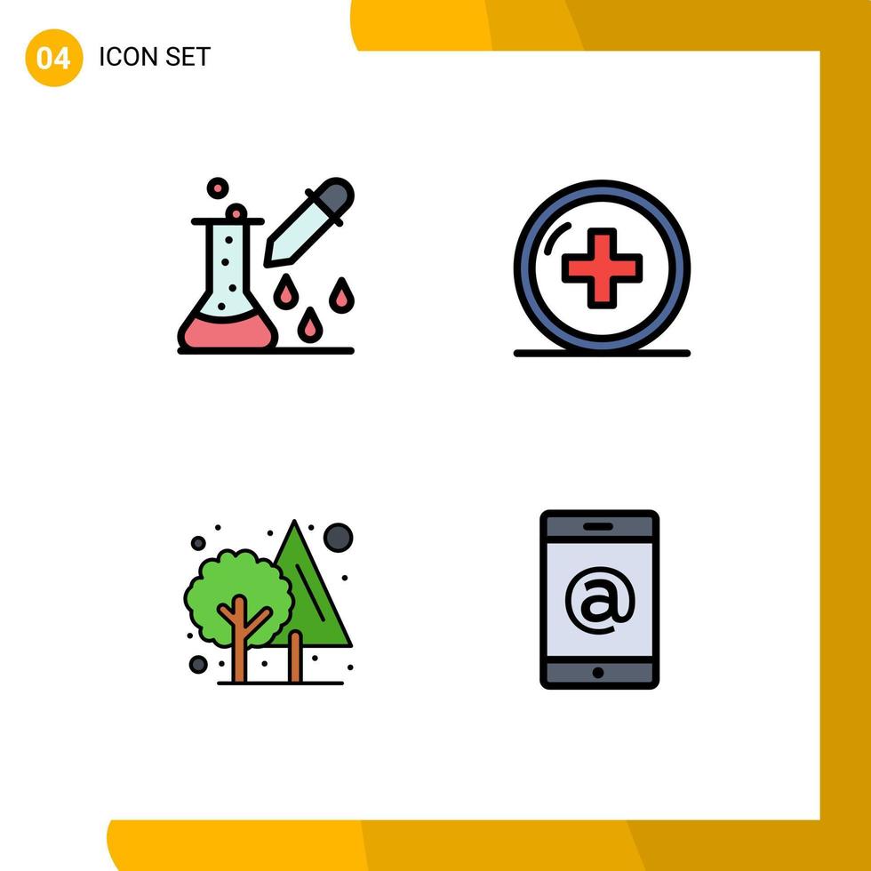 Group of 4 Filledline Flat Colors Signs and Symbols for chemical test treatment pipette dropper hospital jungle Editable Vector Design Elements
