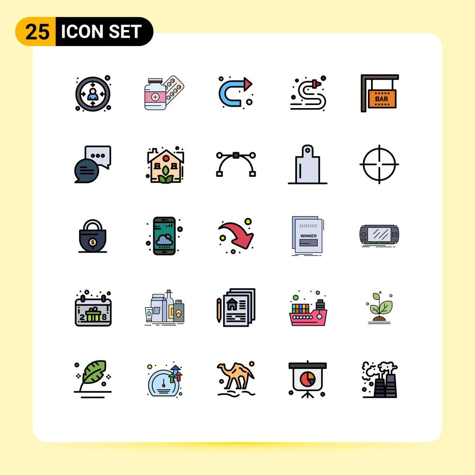 Filled line Flat Color Pack of 25 Universal Symbols of bar sign water tablet hose right Editable Vector Design Elements