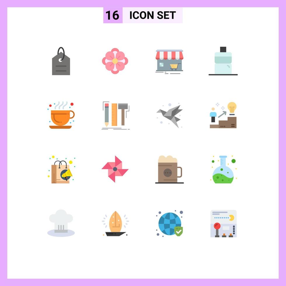 Flat Color Pack of 16 Universal Symbols of hot coffee cafe shop water shopping Editable Pack of Creative Vector Design Elements