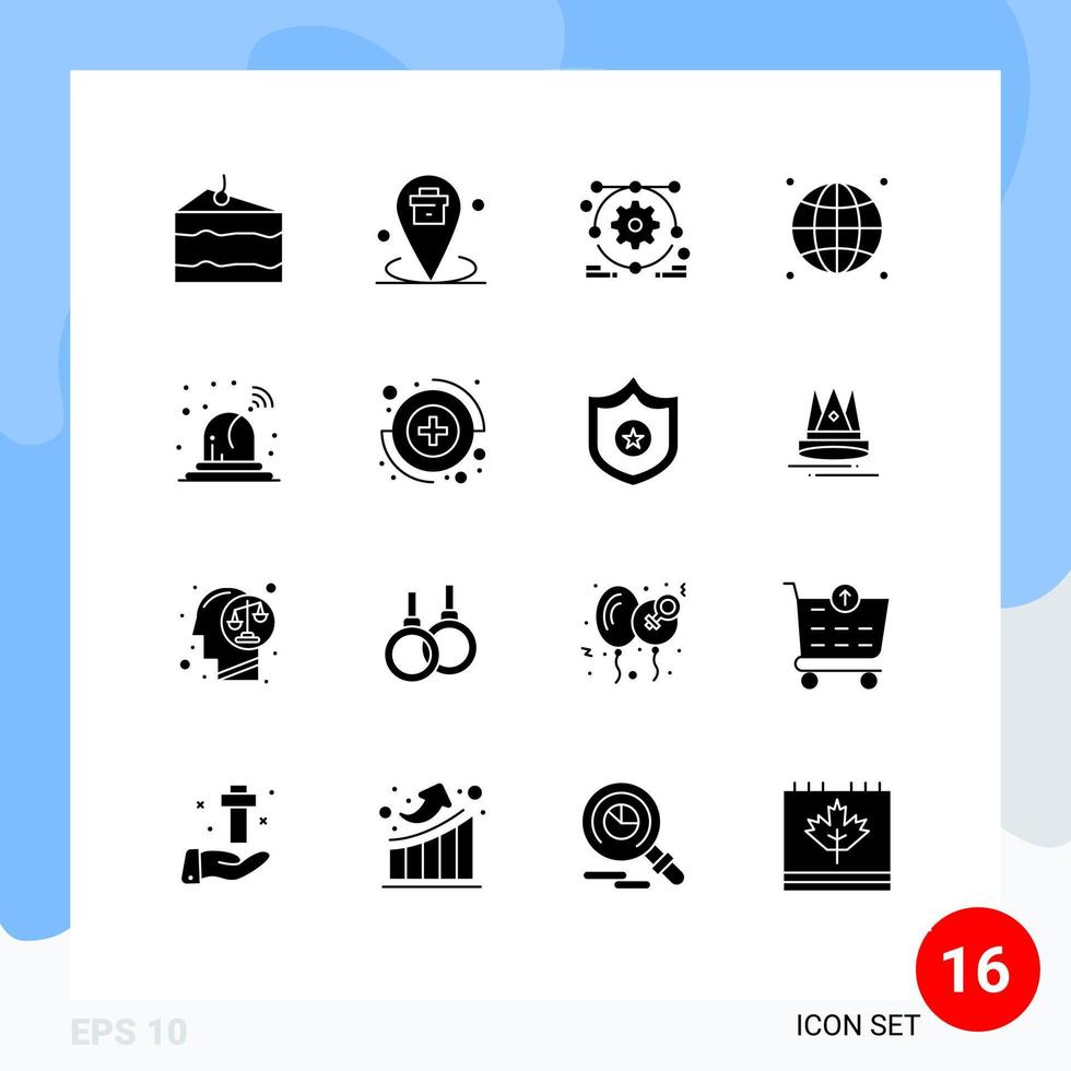 Set of 16 Commercial Solid Glyphs pack for ambulance network placeholder globe connected Editable Vector Design Elements