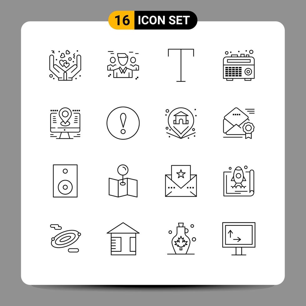Pictogram Set of 16 Simple Outlines of location map protection recorder boom box Editable Vector Design Elements