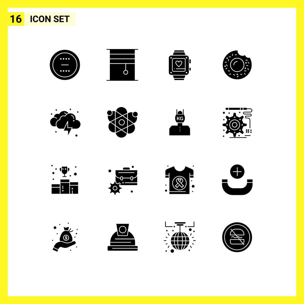 Solid Glyph Pack of 16 Universal Symbols of cloud food rollers donut heart Editable Vector Design Elements