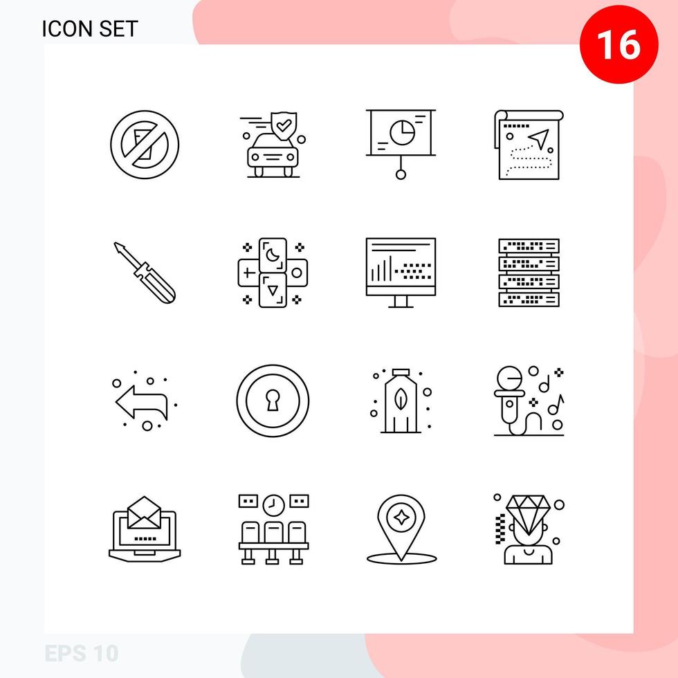 Pack of 16 Modern Outlines Signs and Symbols for Web Print Media such as screw destination business target map Editable Vector Design Elements