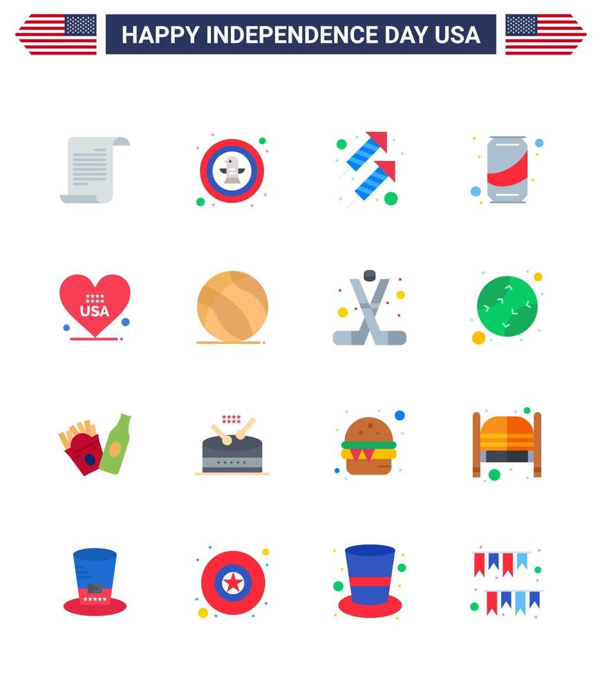 Pack of 16 creative USA Independence Day related Flats of heart soda badge can shoot Editable USA Day Vector Design Elements