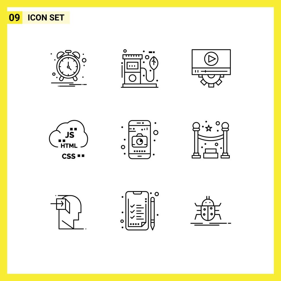 Set of 9 Modern UI Icons Symbols Signs for application develop video coding cloud Editable Vector Design Elements