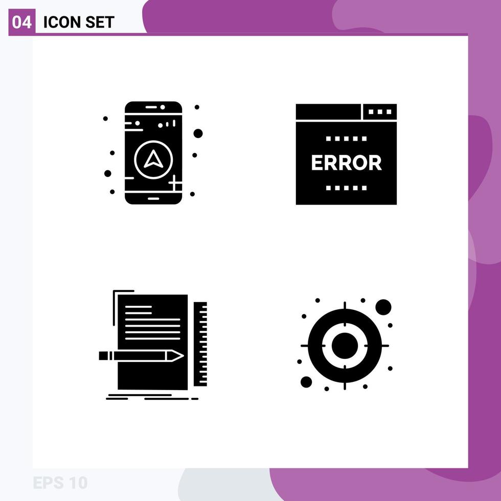 4 concepto de glifo sólido para sitios web móviles y aplicaciones página de error de codificación gps programación elementos de diseño vectorial editables vector