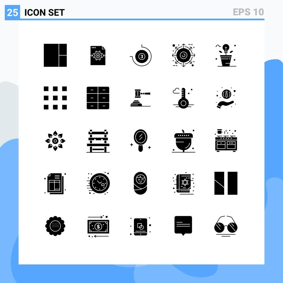 Solid Glyph Pack of 25 Universal Symbols of plant idea timepiece fresh product Editable Vector Design Elements