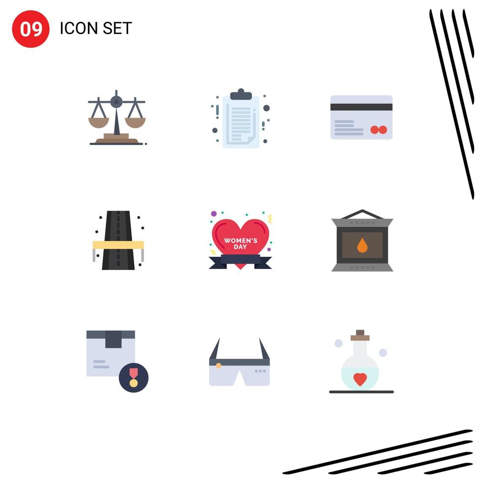 Modern Set of 9 Flat Colors Pictograph of happy badge credit card way life Editable Vector Design Elements