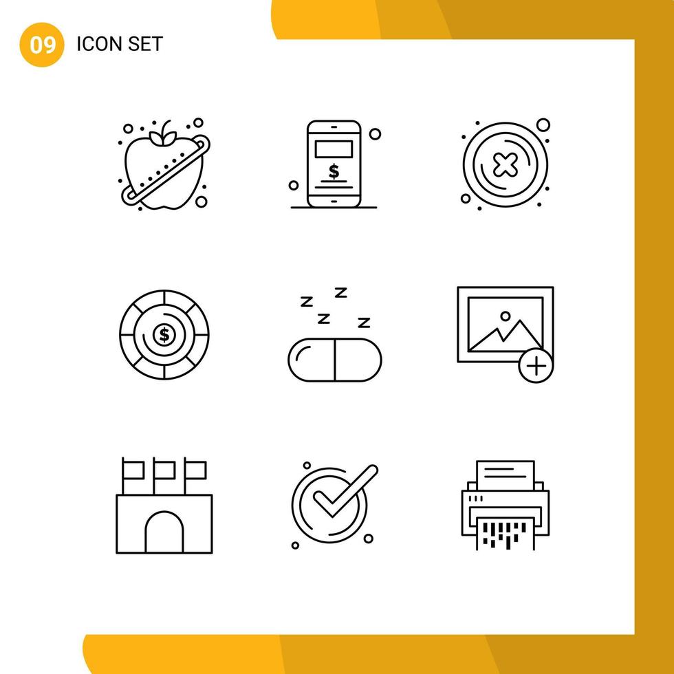Set of 9 Modern UI Icons Symbols Signs for add medical cross drug coins Editable Vector Design Elements
