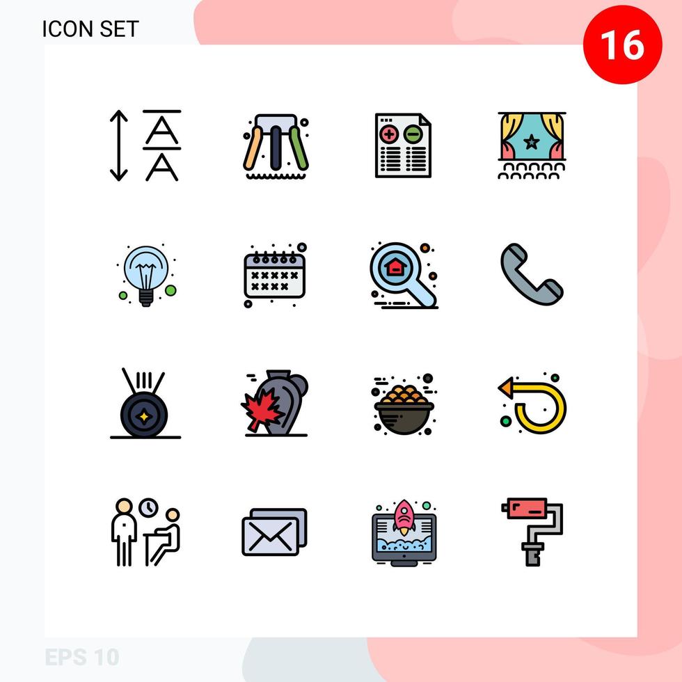 16 Universal Flat Color Filled Lines Set for Web and Mobile Applications light electricity minus education performance Editable Creative Vector Design Elements