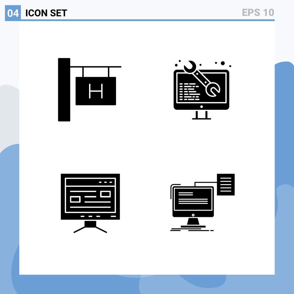 4 Universal Solid Glyphs Set for Web and Mobile Applications hotel sign study coding web development resume Editable Vector Design Elements