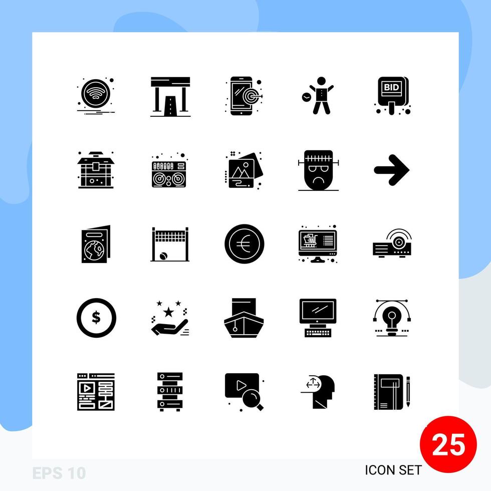 Group of 25 Solid Glyphs Signs and Symbols for auction health recreation time exercise Editable Vector Design Elements