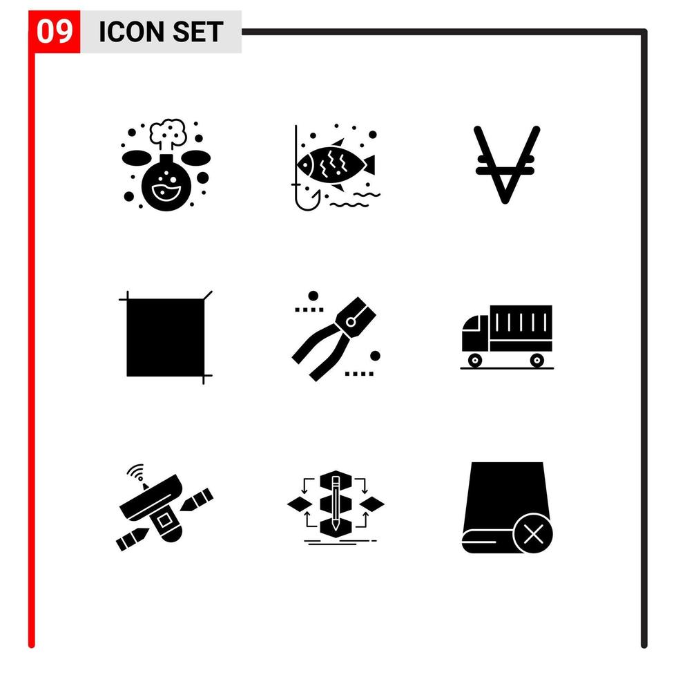 Mobile Interface Solid Glyph Set of 9 Pictograms of tool pincers coin construction design Editable Vector Design Elements