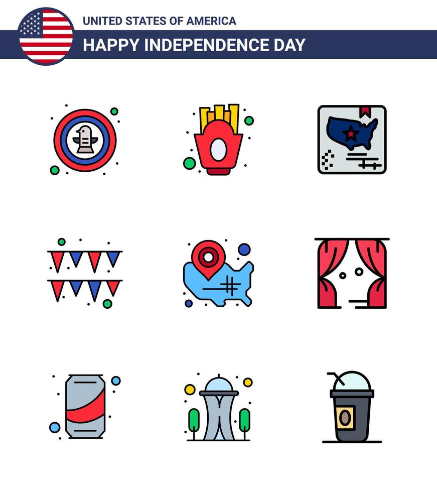 Modern Set of 9 Flat Filled Lines and symbols on USA Independence Day such as states paper food garland world Editable USA Day Vector Design Elements