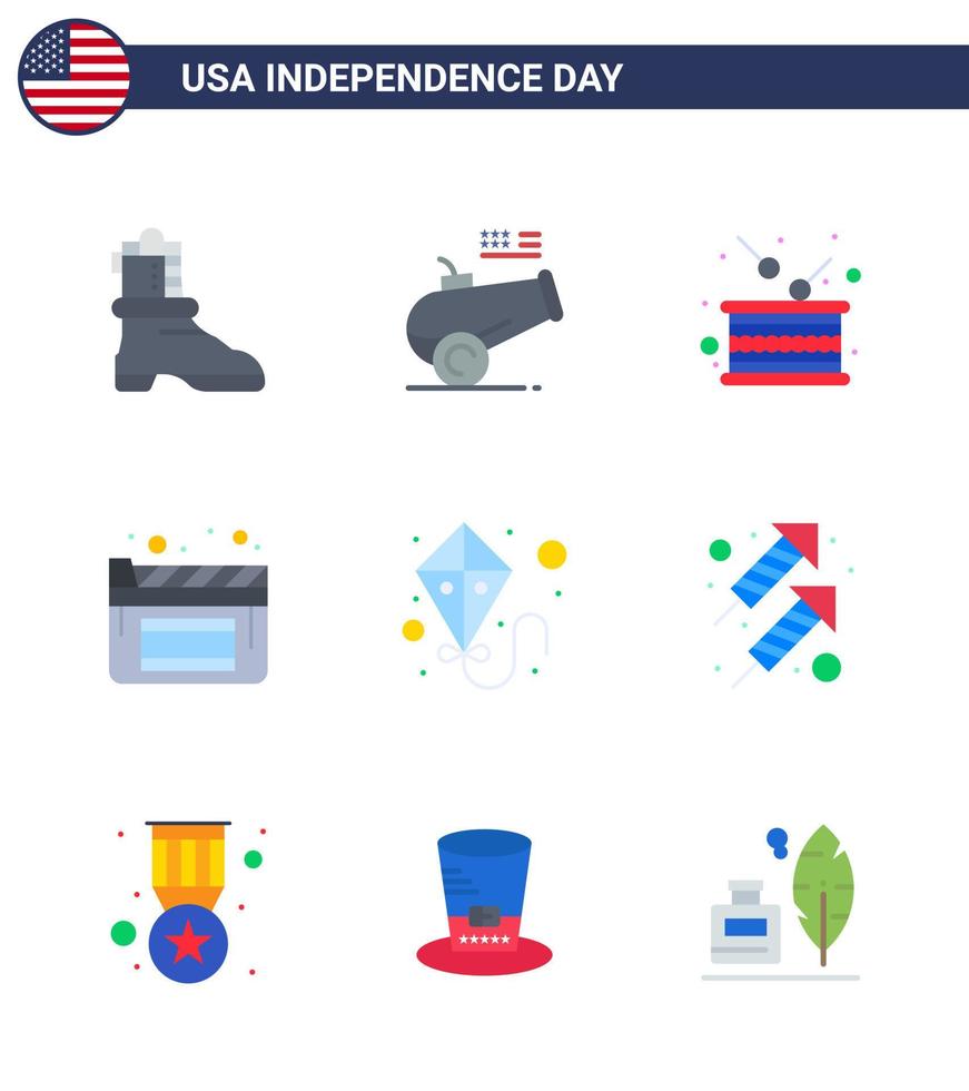 Happy Independence Day 9 Flats Icon Pack for Web and Print flying kite drum film cinema Editable USA Day Vector Design Elements