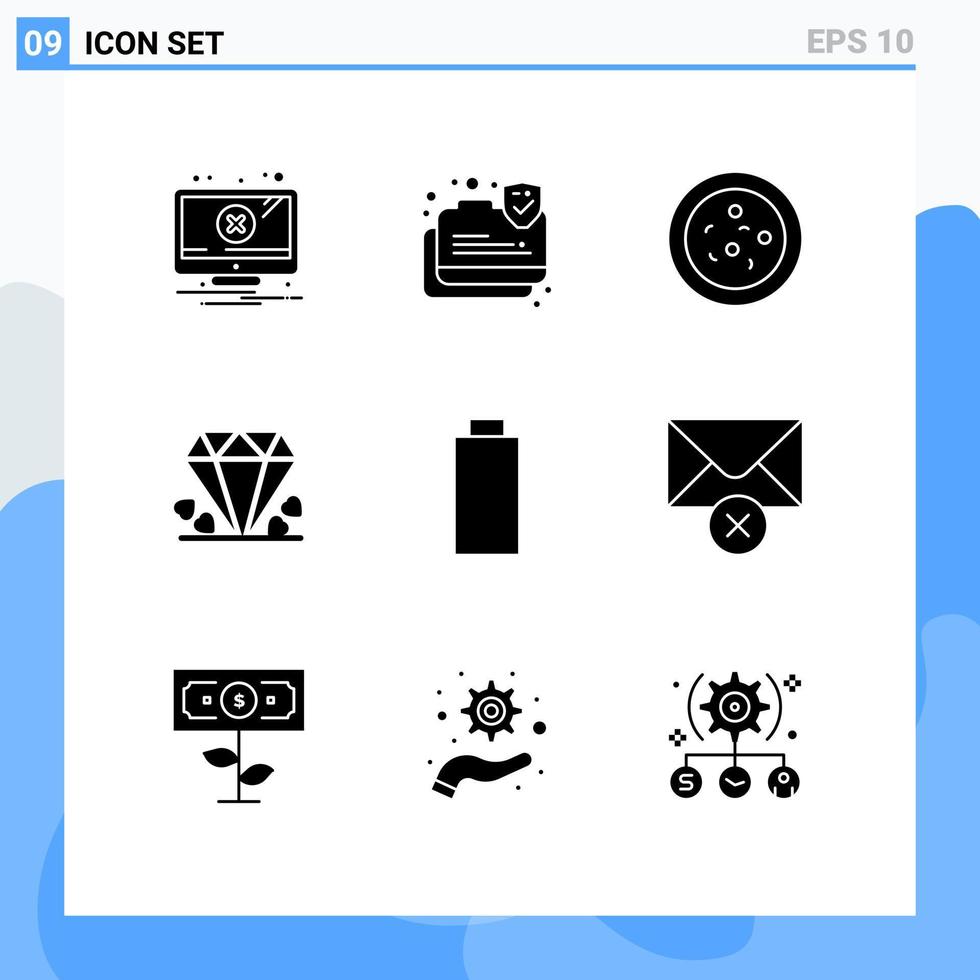 Modern Set of 9 Solid Glyphs Pictograph of delete empty bacteria battery mom Editable Vector Design Elements