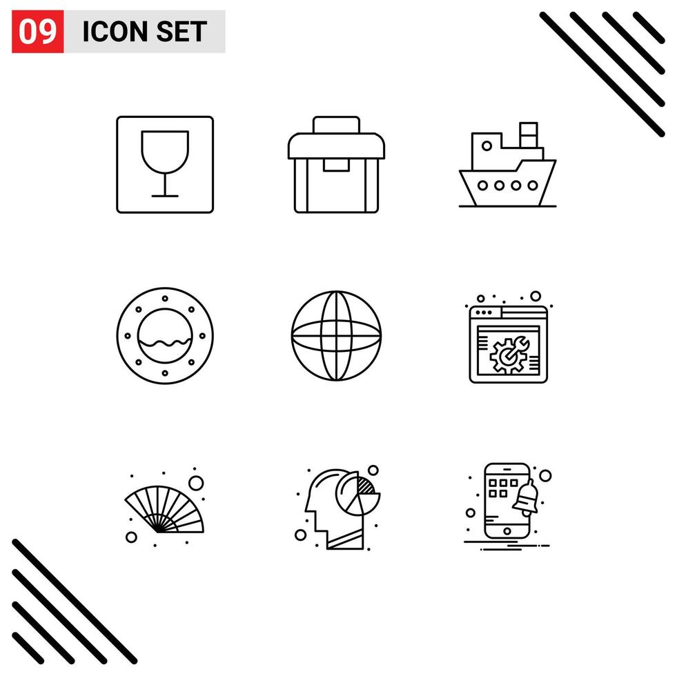 Set of 9 Vector Outlines on Grid for spanner internet steamboat globe porthole Editable Vector Design Elements