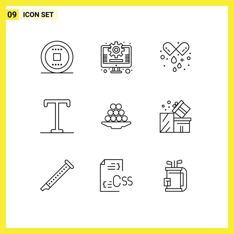 Group of 9 Modern Outlines Set for indian delicacy pills bowl semi bold Editable Vector Design Elements