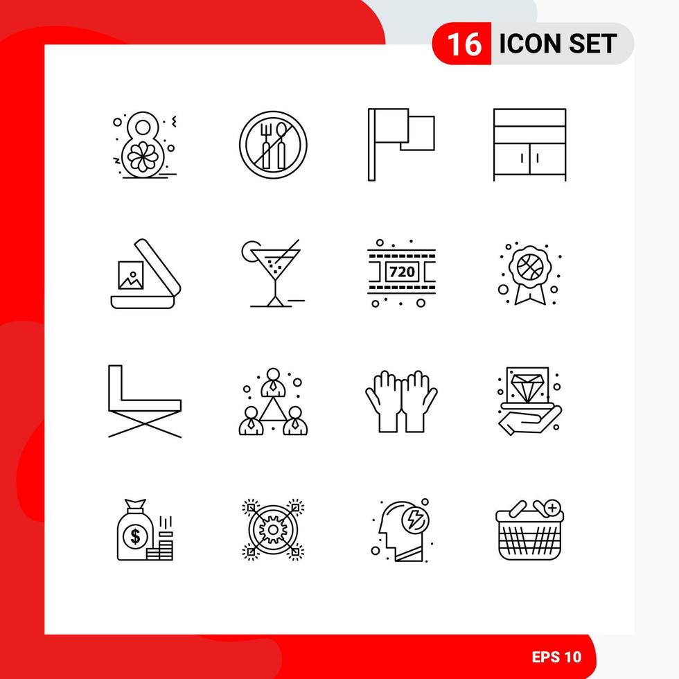 16 Universal Outlines Set for Web and Mobile Applications glass gallery flag image furniture Editable Vector Design Elements