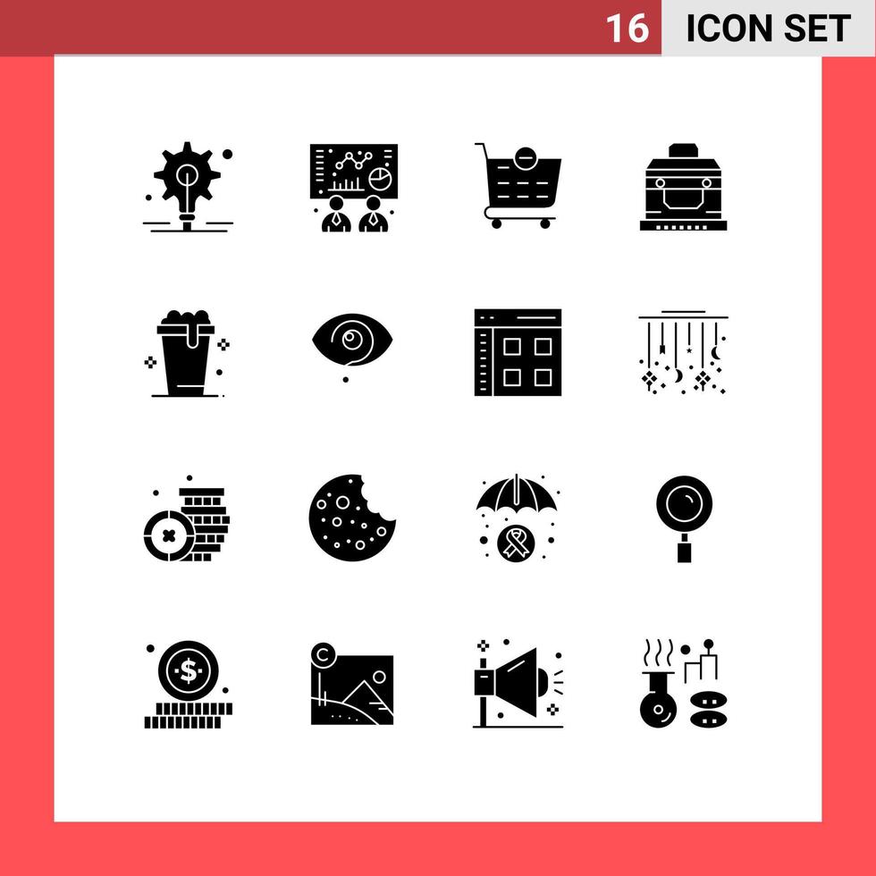grupo universal de símbolos de iconos de 16 glifos sólidos modernos de elementos de diseño de vectores editables del tesoro de la sopa del carro de la compra de lavado curioso