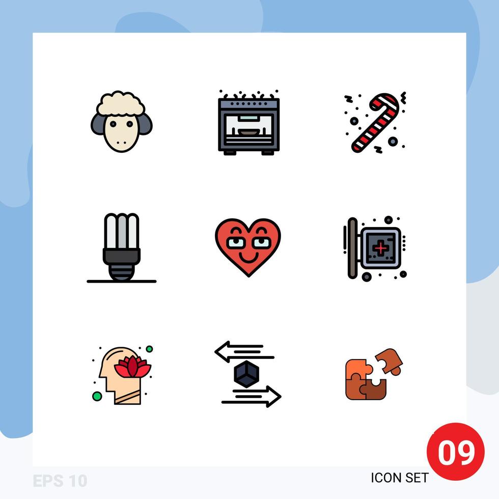 Group of 9 Filledline Flat Colors Signs and Symbols for like love cane heart light Editable Vector Design Elements