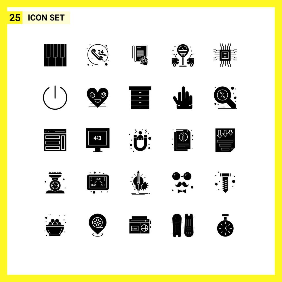 Mobile Interface Solid Glyph Set of 25 Pictograms of technology cpu notebook book life Editable Vector Design Elements