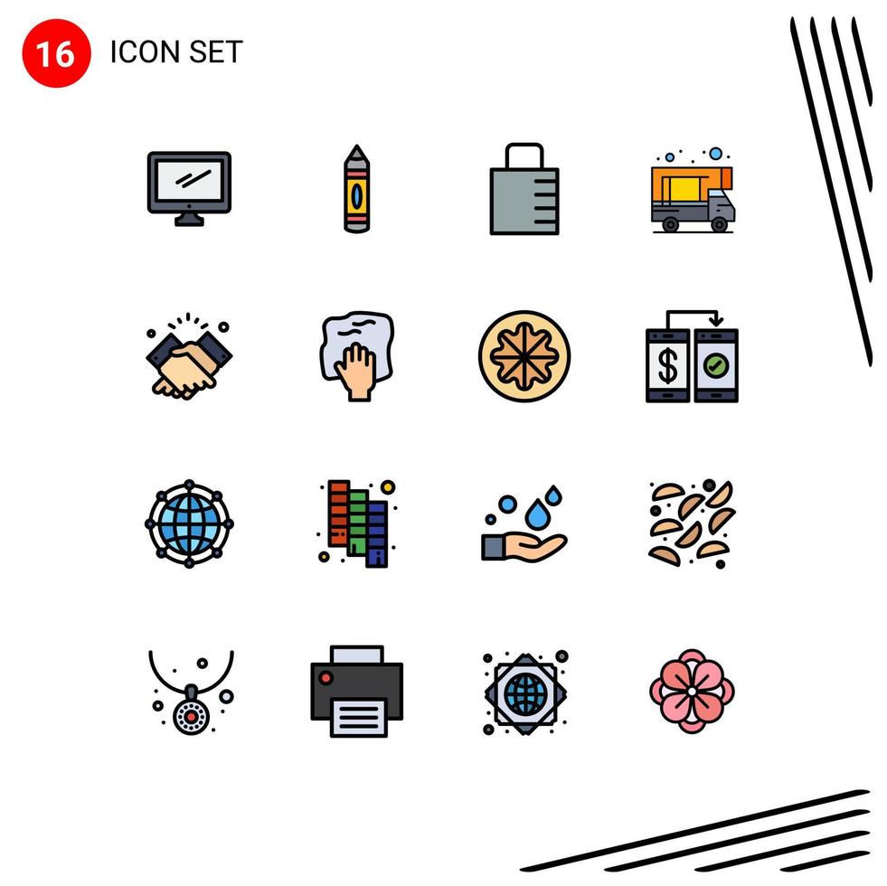 Group of 16 Flat Color Filled Lines Signs and Symbols for shake doodle sketch caravan security Editable Creative Vector Design Elements