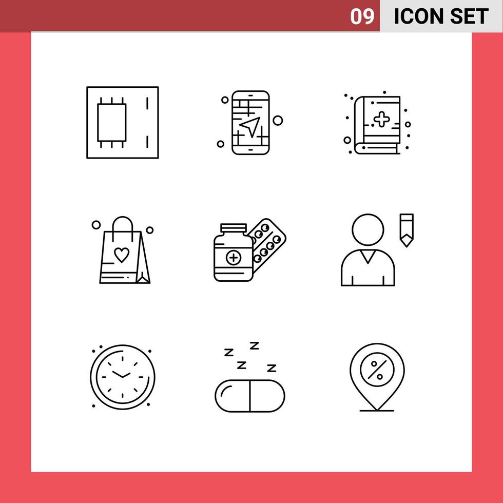 9 Creative Icons Modern Signs and Symbols of pill love direction bag medical education Editable Vector Design Elements